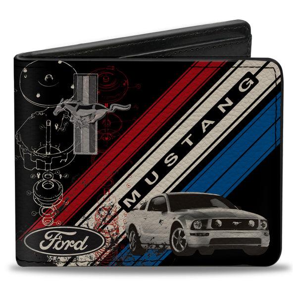 buckle down Bi-Fold Wallet - Mustang Tri-Bar Logo Diagonal Stripe Blueprint Black Red White Blue