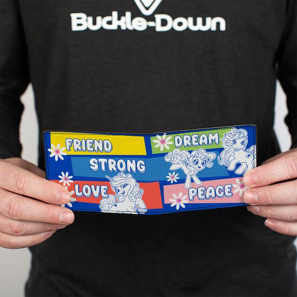 Buckle Down Bi-Fold Wallet - MY LITTLE PONY Three Ponies Trait Text Blocks Blue/Multi Color
