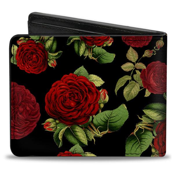 Buckle Down Bi-Fold Wallet - Red Rose Blooms Buds Black Greens Reds