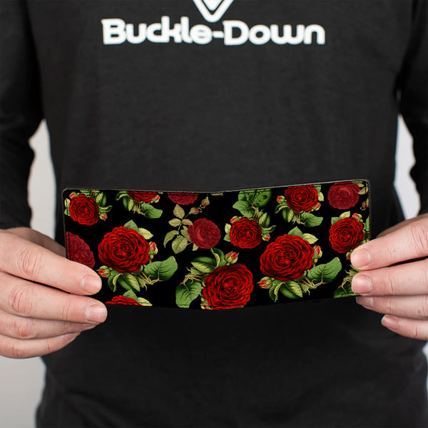 Buckle Down Bi-Fold Wallet - Red Rose Blooms Buds Black Greens Reds