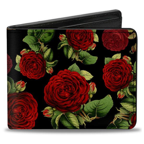 buckle down Bi-Fold Wallet - Red Rose Blooms Buds Black Greens Reds