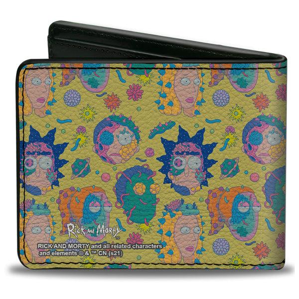 Buckle Down Bi-Fold Wallet - Rick And Morty Smith Family Faces And Cells Collage Yellow