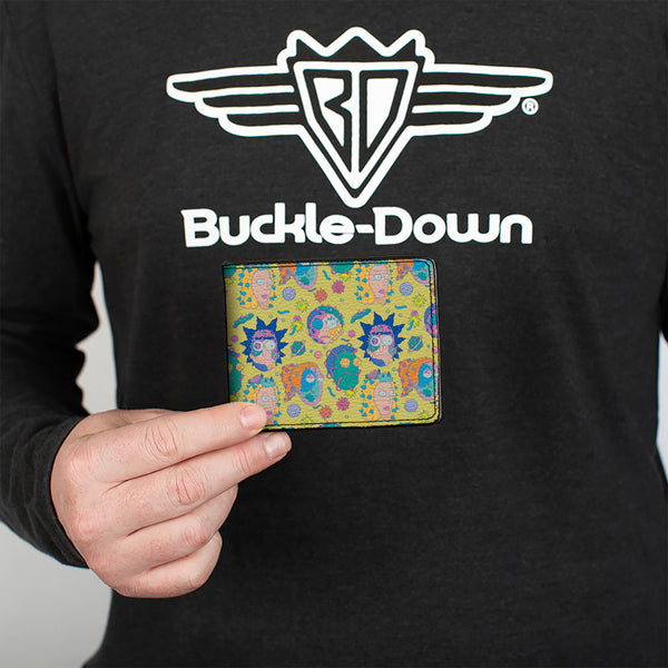 Buckle Down Bi-Fold Wallet - Rick And Morty Smith Family Faces And Cells Collage Yellow