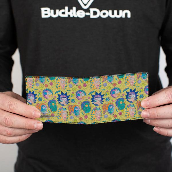 Buckle Down Bi-Fold Wallet - Rick And Morty Smith Family Faces And Cells Collage Yellow