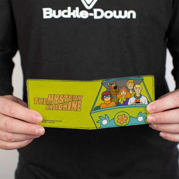Buckle Down Bi-Fold Wallet - Scooby Doo Group Driving Mystery Machine Front Pose + Text Yellow
