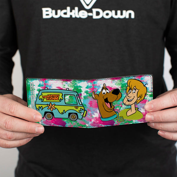 Buckle Down Bi-Fold Wallet - Scooby & Shaggy Smiling + Mystery Machine Splatter White Pinks Greens