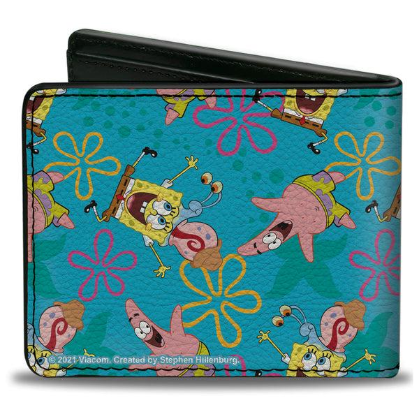 Buckle Down Bi-Fold Wallet - SpongeBob Patrick And Gary Joy Poses And Flowers Scattered Blue