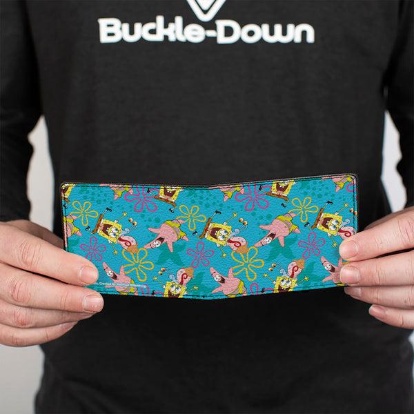 Buckle Down Bi-Fold Wallet - SpongeBob Patrick And Gary Joy Poses And Flowers Scattered Blue