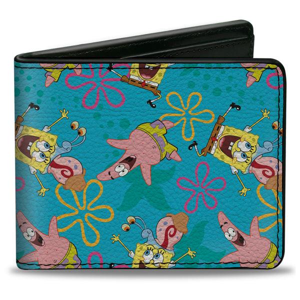 buckle down Bi-Fold Wallet - SpongeBob Patrick and Gary Joy Poses and Flowers Scattered Blue
