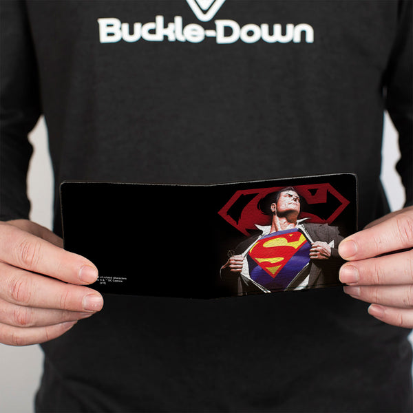 Buckle Down Bi-Fold Wallet - Superman Forever Clark Kent-Superman Transition Shield Black Red