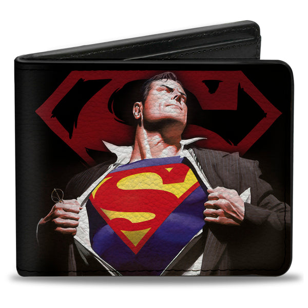 buckle down Bi-Fold Wallet - Superman Forever Clark Kent-Superman Transition Shield Black Red