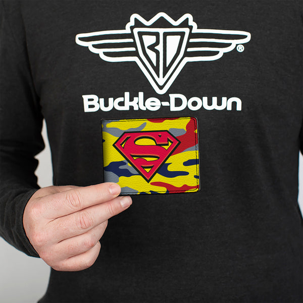 Buckle Down Bi-Fold Wallet - Superman Shield Camo Yellow Gray Blue Red