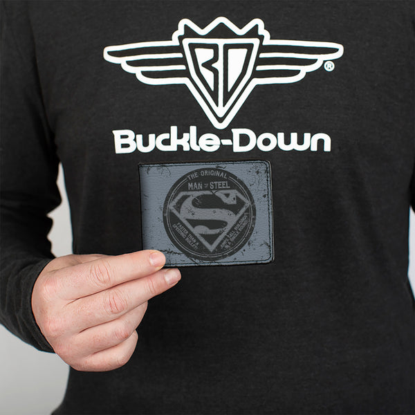Buckle Down Bi-Fold Wallet - Superman THE ORIGINAL MAN OF STEEL Badge + Quote Weathered Grays Red