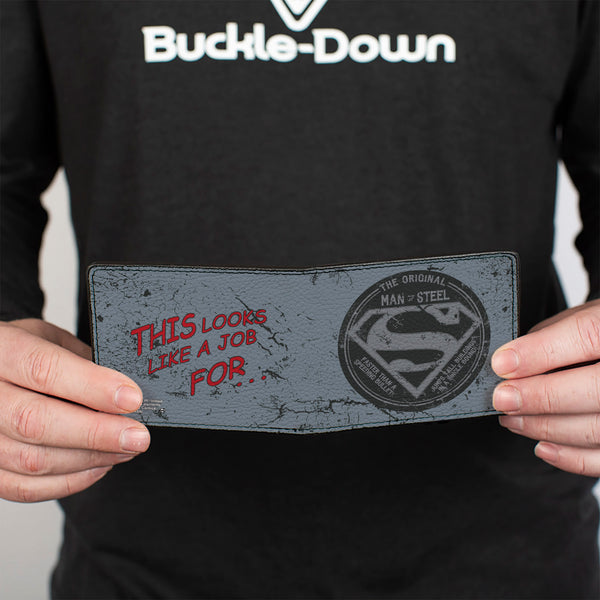 Buckle Down Bi-Fold Wallet - Superman THE ORIGINAL MAN OF STEEL Badge + Quote Weathered Grays Red