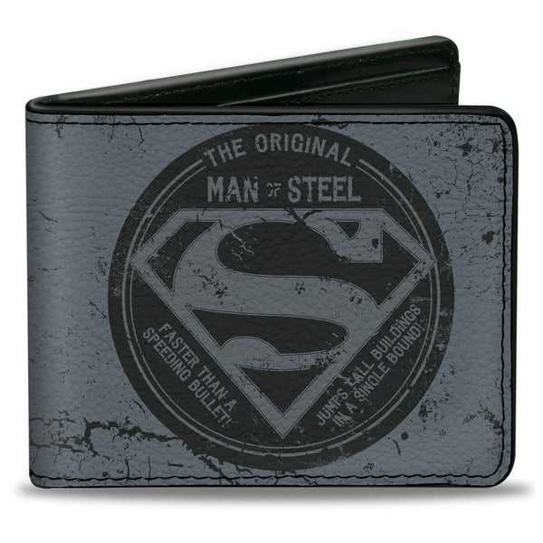 buckle down Bi-Fold Wallet - Superman THE ORIGINAL MAN OF STEEL Badge + Quote Weathered Grays Red
