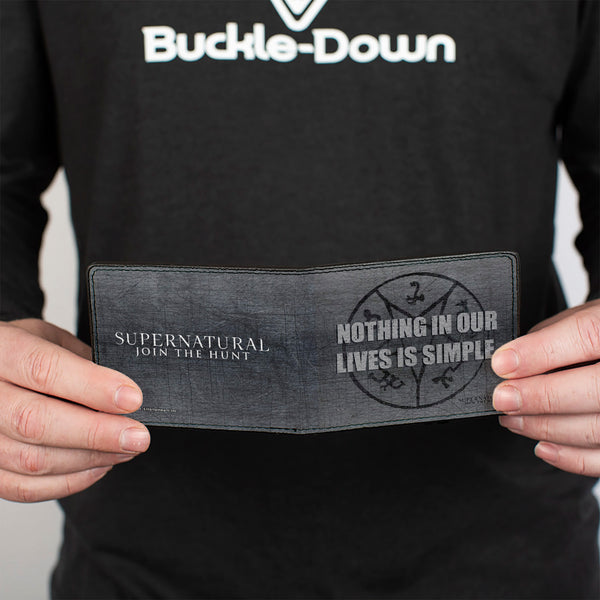 Buckle Down Bi-Fold Wallet - Supernatural NOTHING IN OUR LIVES IS SIMPLE Devil's Trap Symbol + Logo Grays