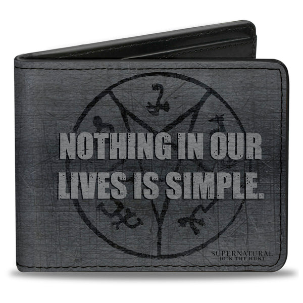 buckle down Bi-Fold Wallet - Supernatural NOTHING IN OUR LIVES IS SIMPLE Devil's Trap Symbol + Logo Grays