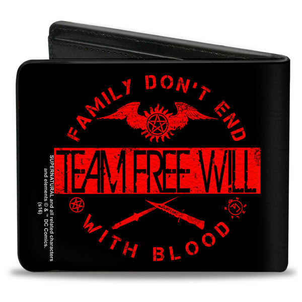 Buckle Down Bi-Fold Wallet - Supernatural TEAM FREE WILL-FAMILY DON'T END WITH BLOOD Black Red