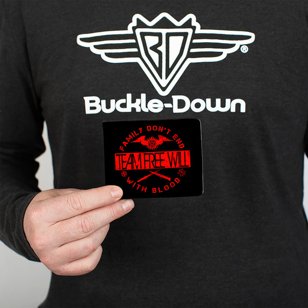 Buckle Down Bi-Fold Wallet - Supernatural TEAM FREE WILL-FAMILY DON'T END WITH BLOOD Black Red