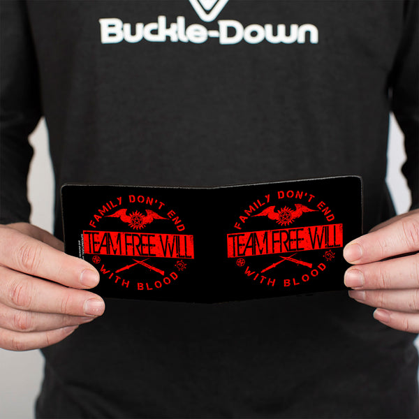 Buckle Down Bi-Fold Wallet - Supernatural TEAM FREE WILL-FAMILY DON'T END WITH BLOOD Black Red