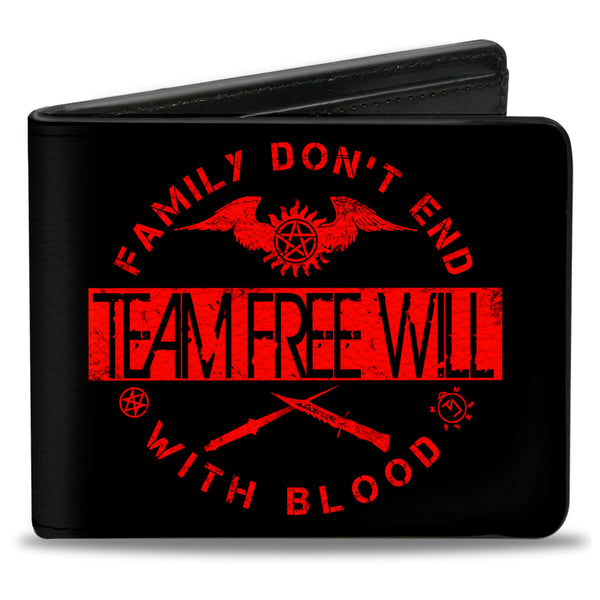 buckle down Bi-Fold Wallet - Supernatural TEAM FREE WILL-FAMILY DON'T END WITH BLOOD Black Red