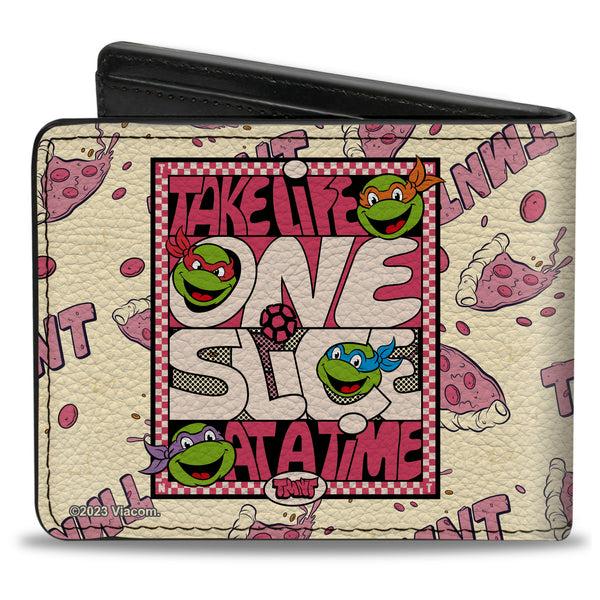 Buckle Down Bi-Fold Wallet - Teenage Mutant Ninja Turtles TAKE LIFE ONE SLICE AT A TIME Pizza Collage Beige/Reds