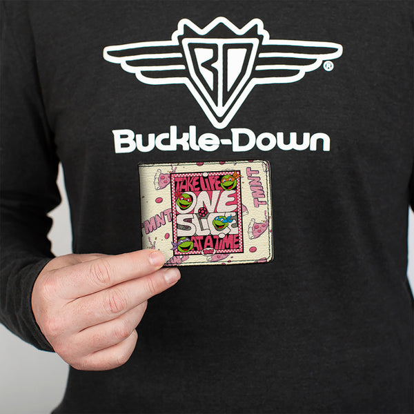 Buckle Down Bi-Fold Wallet - Teenage Mutant Ninja Turtles TAKE LIFE ONE SLICE AT A TIME Pizza Collage Beige/Reds