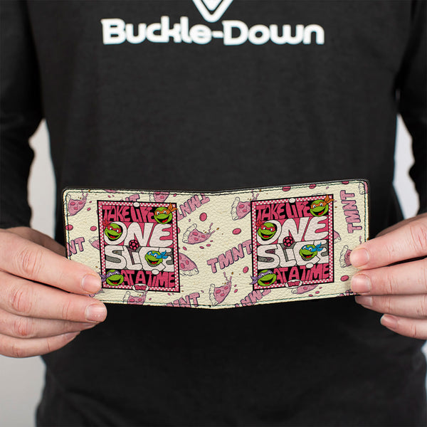 Buckle Down Bi-Fold Wallet - Teenage Mutant Ninja Turtles TAKE LIFE ONE SLICE AT A TIME Pizza Collage Beige/Reds