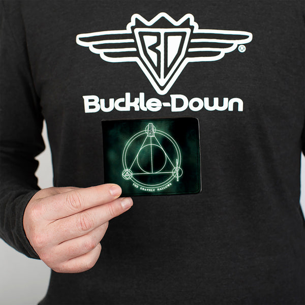 Buckle Down Bi-Fold Wallet - THE DEATHLY HALLOWS Cloak Stone Wand Trinity Black Greens