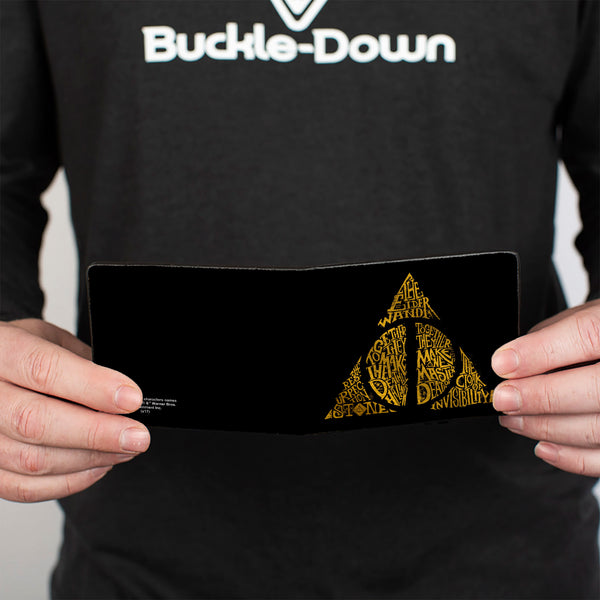 Buckle Down Bi-Fold Wallet - The Deathly Hallows WAND STONE CLOAK MASTER OF DEATH Symbol Black Gold