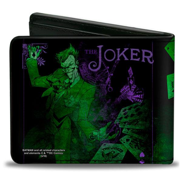 Buckle Down Bi-Fold Wallet - THE JOKER Card Flipping Poses Black Greens Purples