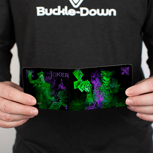 Buckle Down Bi-Fold Wallet - THE JOKER Card Flipping Poses Black Greens Purples