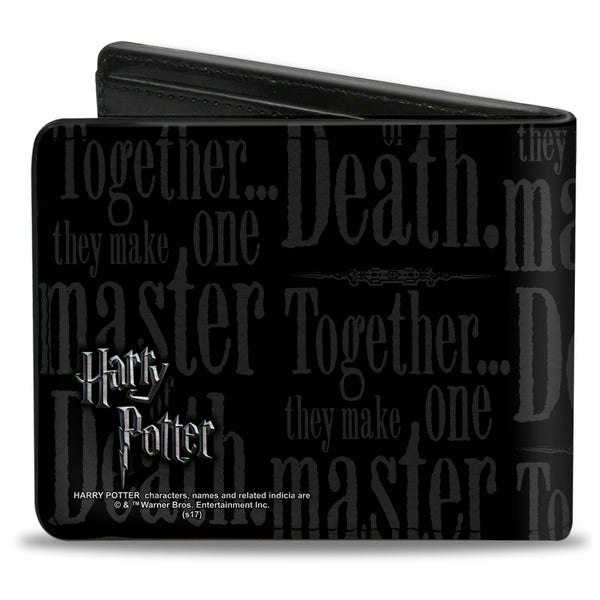 Buckle Down Bi-Fold Wallet - TOGETHER THEY MAKE ONE MASTER OF DEATH. Deathly Hallows Symbol + HP Logo Black Grays White