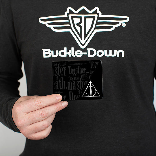 Buckle Down Bi-Fold Wallet - TOGETHER THEY MAKE ONE MASTER OF DEATH. Deathly Hallows Symbol + HP Logo Black Grays White
