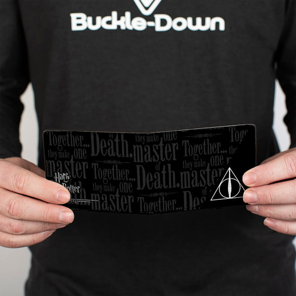 Buckle Down Bi-Fold Wallet - TOGETHER THEY MAKE ONE MASTER OF DEATH. Deathly Hallows Symbol + HP Logo Black Grays White