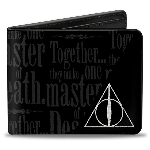 buckle down Bi-Fold Wallet - TOGETHER THEY MAKE ONE MASTER OF DEATH. Deathly Hallows Symbol + HP Logo Black Grays White