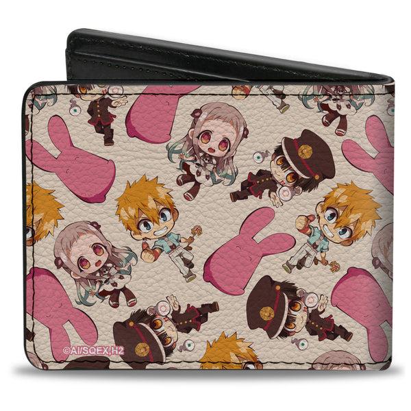 Buckle Down Bi-Fold Wallet - TOILET-BOUND HANAKO-KUN Four Chibi Character Poses Scattered Beige