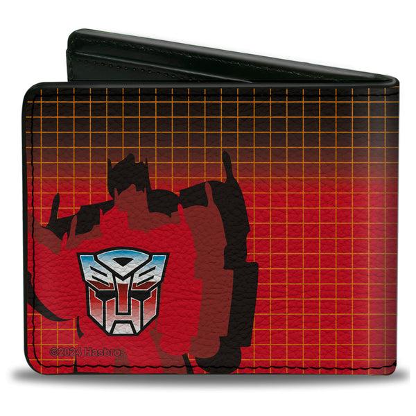 Buckle Down Bi-Fold Wallet - Transformers Optimus Prime Blaster Pose And Autobot Shield Grid Fade Reds