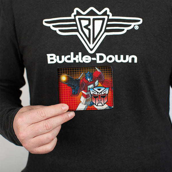 Buckle Down Bi-Fold Wallet - Transformers Optimus Prime Blaster Pose And Autobot Shield Grid Fade Reds
