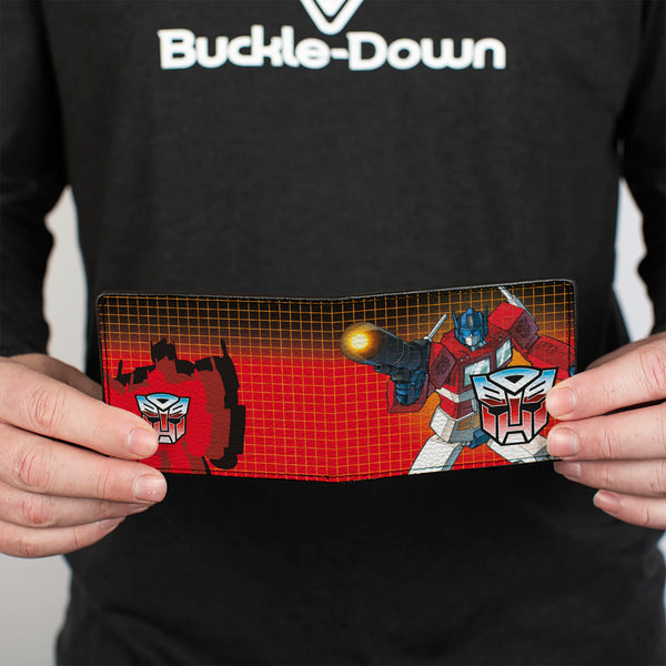 Buckle Down Bi-Fold Wallet - Transformers Optimus Prime Blaster Pose And Autobot Shield Grid Fade Reds