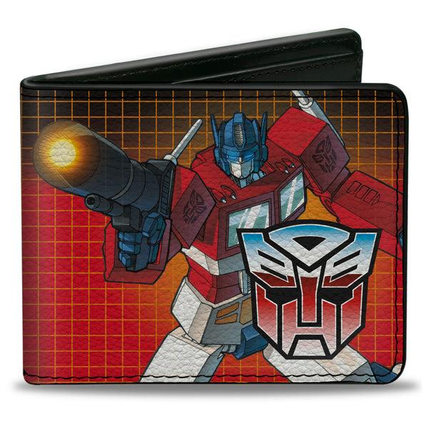 buckle down Bi-Fold Wallet - Transformers Optimus Prime Blaster Pose and Autobot Shield Grid Fade Reds