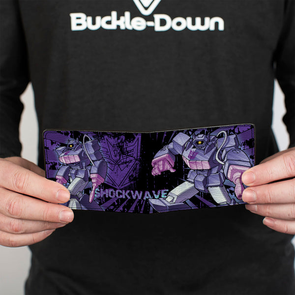 Buckle Down Bi-Fold Wallet - Transformers SHOCKWAVE Poses And Decepticon Shield Rays Black/Purples