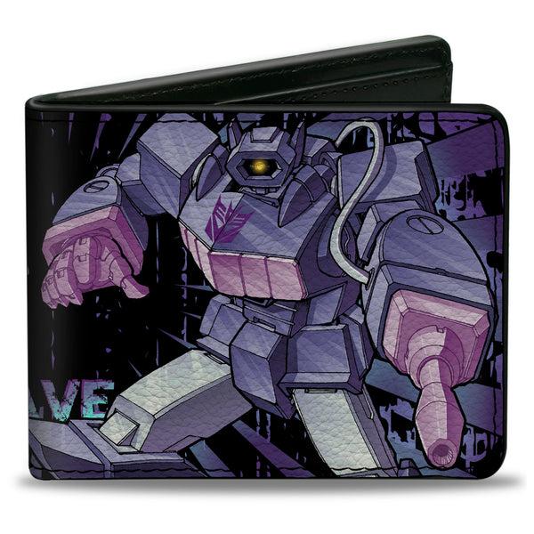 buckle down Bi-Fold Wallet - Transformers SHOCKWAVE Poses and Decepticon Shield Rays Black/Purples