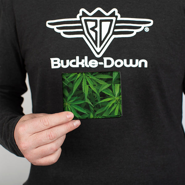 Buckle Down Bi-Fold Wallet - Vivid Marijuana Leaves Stacked3 Greens