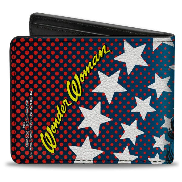 Buckle Down Bi-Fold Wallet - WONDER WOMAN Stars Face Halftone Blues Red Yellow White