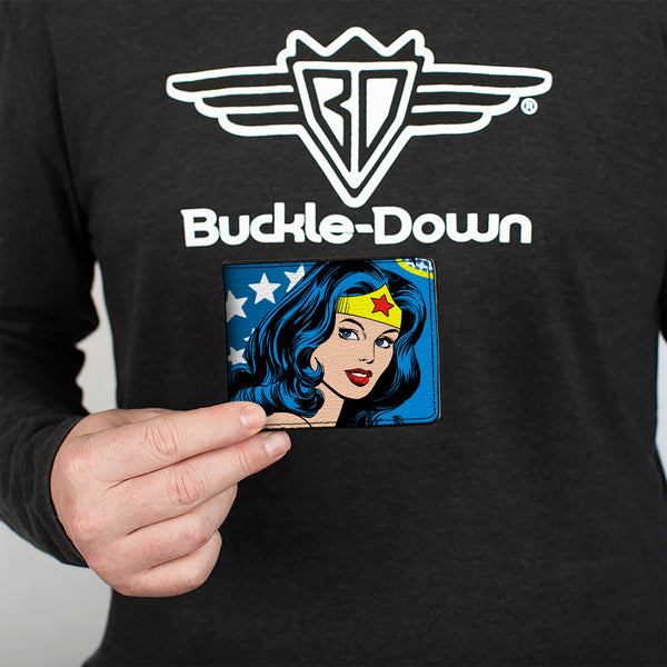 Buckle Down Bi-Fold Wallet - WONDER WOMAN Stars Face Halftone Blues Red Yellow White