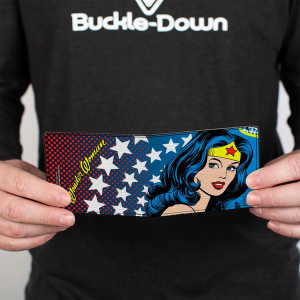 Buckle Down Bi-Fold Wallet - WONDER WOMAN Stars Face Halftone Blues Red Yellow White