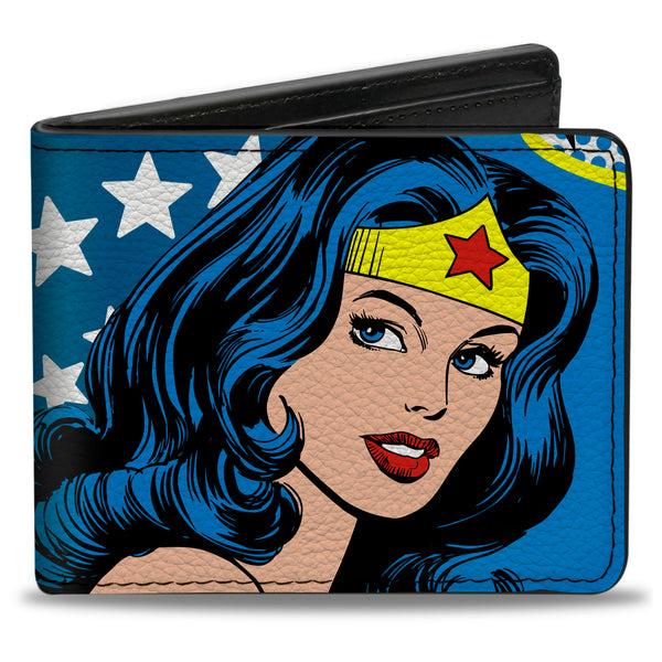 buckle down Bi-Fold Wallet - WONDER WOMAN Stars Face Halftone Blues Red Yellow White