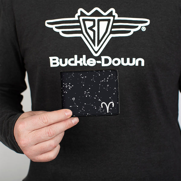Buckle Down Bi-Fold Wallet - Zodiac Aries Symbol Constellations Black White