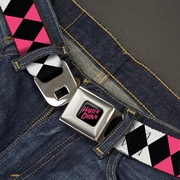 Buckle Down Birds Of Prey HARLEY QUINN Text Full Color Black/Pink Seatbelt Belt - Birds Of Prey Harley Quinn Diamonds Split White/Black/Pink/Black Webbing